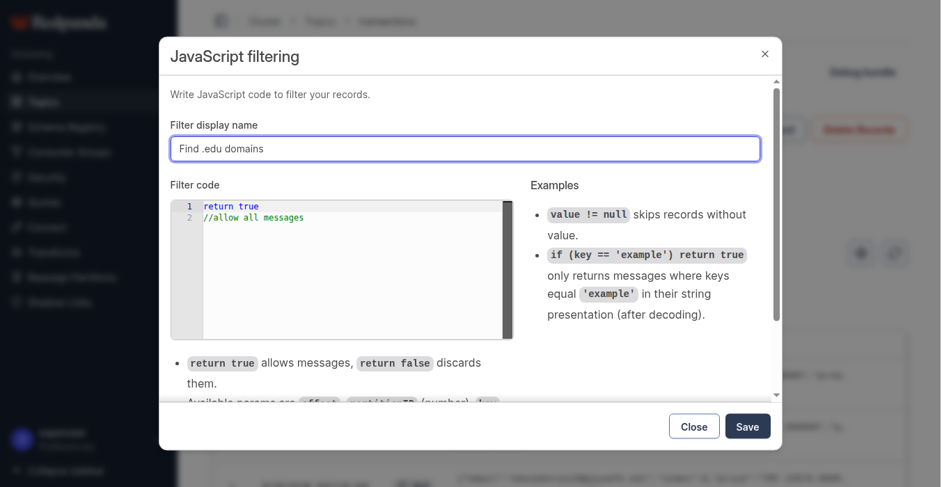JavaScript filter in Redpanda Console